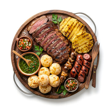 Grilled brazilian churrasco platter featuring meats, sides, and sauces in woven basket