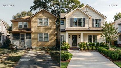 Obraz premium Before and after home renovation of a charming two-story house exterior