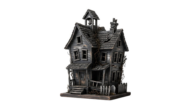 Miniature creepy abandoned haunted house building isolated on white background
