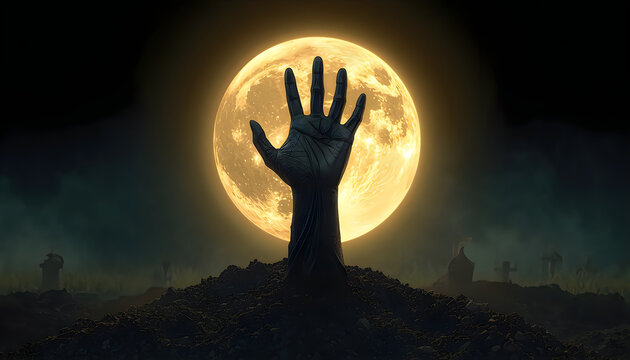 Zombie hand rising from graveyard soil against glowing full moon background.