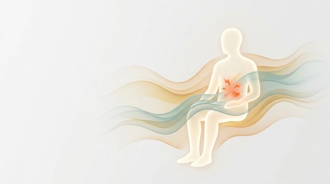 Medical illustration of a glowing human silhouette experiencing abdominal stomach pain and bloating
