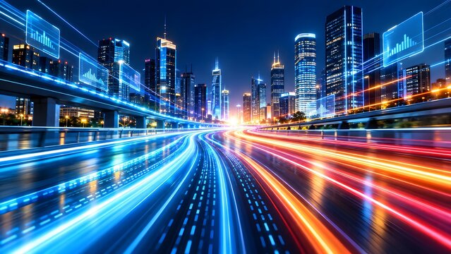 Futuristic smart city skyline with glowing light trails and holographic data graphs. Concept of digital transformation and global financial trade analytics.