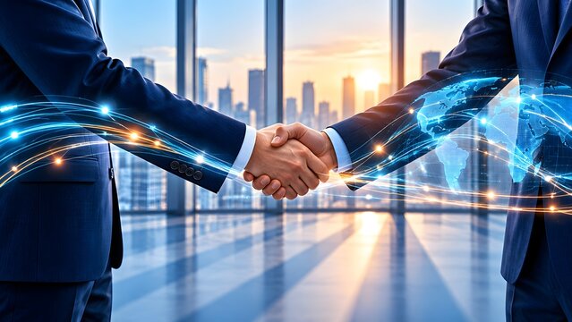 Two businessmen shaking hands with glowing digital network lines and a holographic earth globe. Concept of global business partnership and digital transformation.