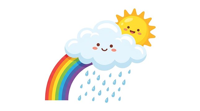 Cute cartoon illustration of a smiling cloud with rain, rainbow, and sunshine, isolated on white background.
