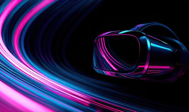 Futuristic virtual reality headset illuminated by vibrant neon light streaks