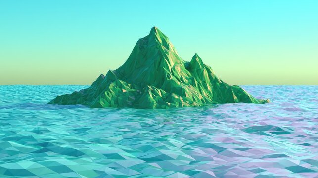 Jagged, low-poly green mountain emerges from a calm, cyan ocean under a gradient sky