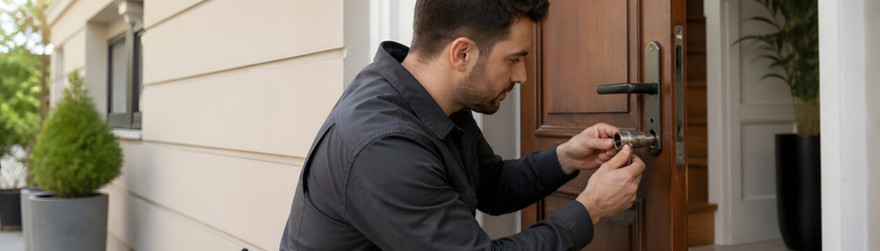 Professional locksmith is repairing door lock at residential entrance, showcasing expertise and attention to detail