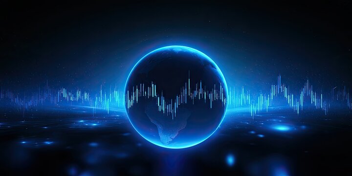 Globe with stock market chart and futuristic blue light effects