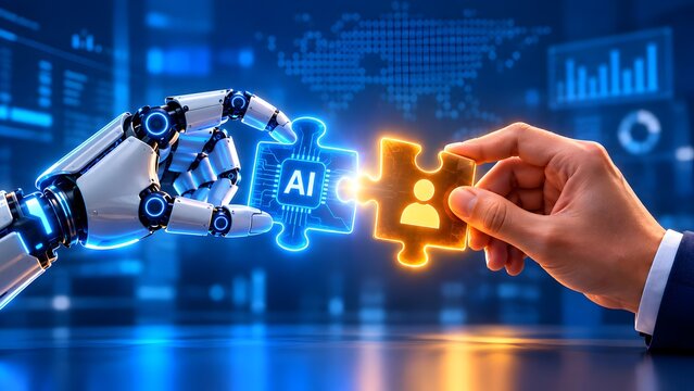 Robotic and human hands connecting glowing puzzle pieces over a digital background. Concept of corporate partnership and digital transformation.