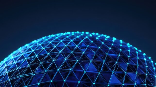 Abstract blue network grid overlayed on a dark, textured sphere