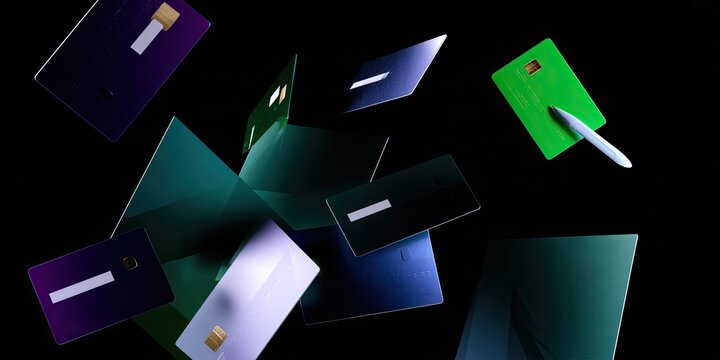 Floating, colorful cards with embedded chips in a dark, abstract setting