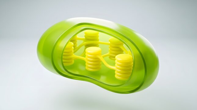 Detailed chloroplast model showing internal thylakoid stacks inside green plant cell for biological and botanical educational content.
