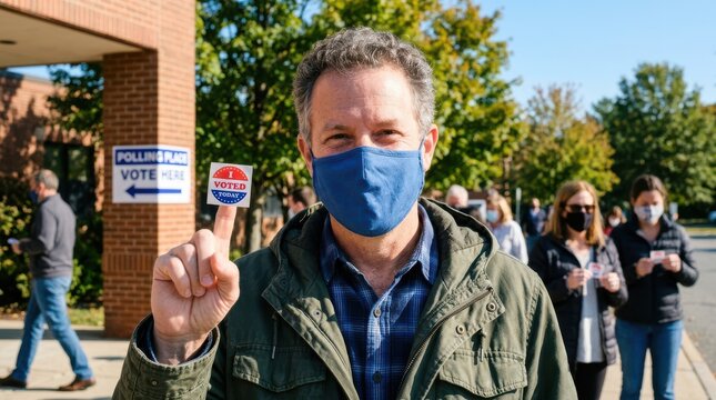 Middle aged man wearing a blue face mask holding up his finger with a i voted sticker at a polling station isolated on white background