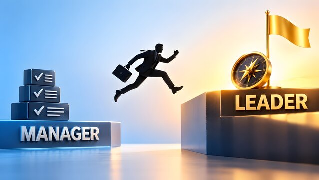 Silhouette of professional jumping from manager box to leader platform with golden compass. Concept of visionary promotion and corporate advancement strategy.