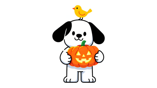 Cute cartoon puppy dog holding carved halloween pumpkin jack o lantern mascot.