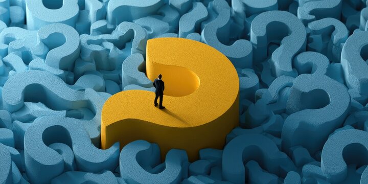 Man in suit stands on a giant yellow question mark surrounded by blue ones