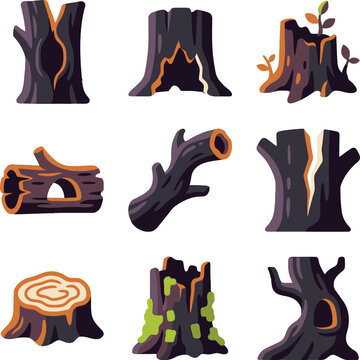 A diverse set of cartoon-style tree stumps and logs, featuring various textures and shapes in earthy brown and dark gray tones, set against a clean white background.