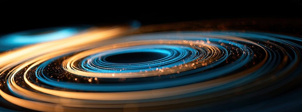 Swirling vortex of light trails, blue and orange glow against dark background