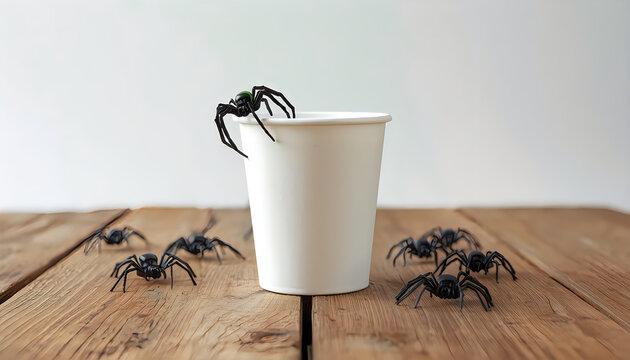 Group of small black spiders crawling near white cup on rustic wooden table surface.