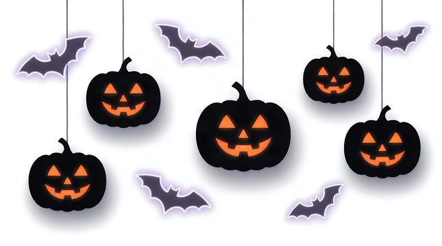 Hanging jack o lantern pumpkins and bats with purple glow for holiday decoration.