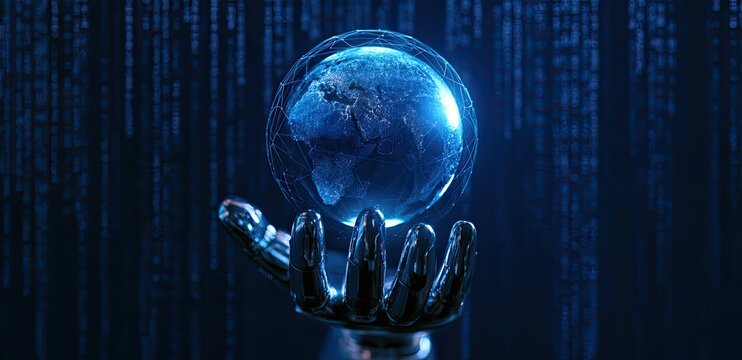 A metallic robotic hand cradles a glowing, digital Earth against a dark binary code background
