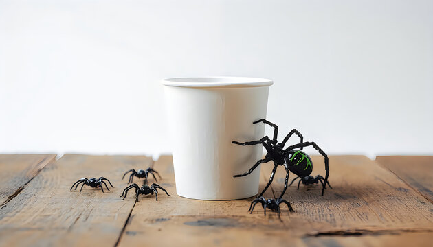Large black spider climbing white cup on rustic wooden table for halloween decor.