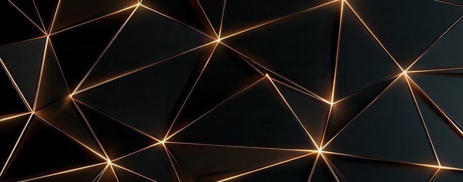 Abstract geometric pattern of dark facets with glowing golden lines