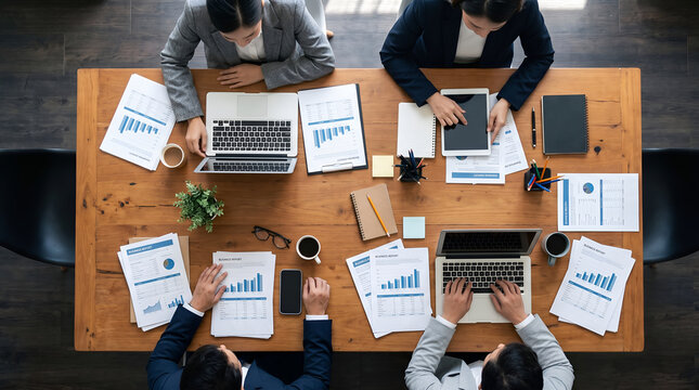 Overhead flat lay of a diverse business team collaborating around a wooden meeting table with laptops, digital tablets, and financial chart reports during a corporate strategy session