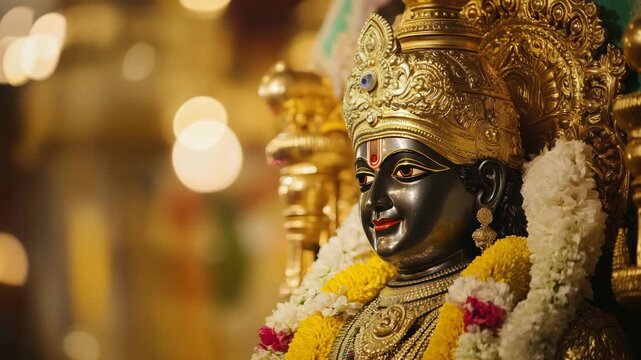 Beautiful golden statue of hindu god shree vitthal wearing golden crown and flower garlands