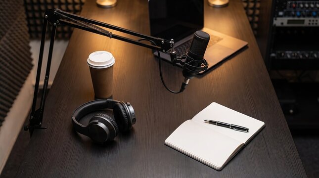 Live radio studio desk, on modern broadcast setting background
