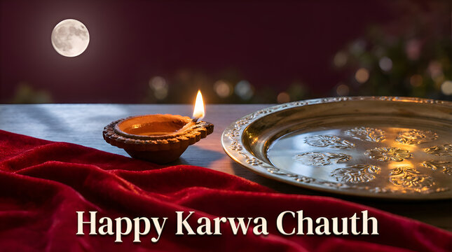 A reverent Karwa Chauth still-life: a full moon glows softly in a deep maroon night sky, low-key cinematic lighting casting cool moonlight from the left; in the foreground a rich red velvet cloth is a