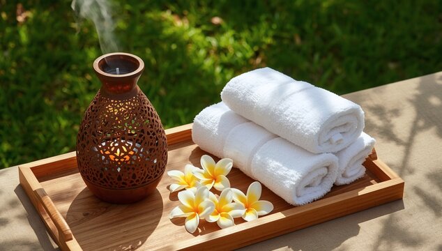 A still-life spa shot featuring towels and scented candles arranged in an outdoor garden.