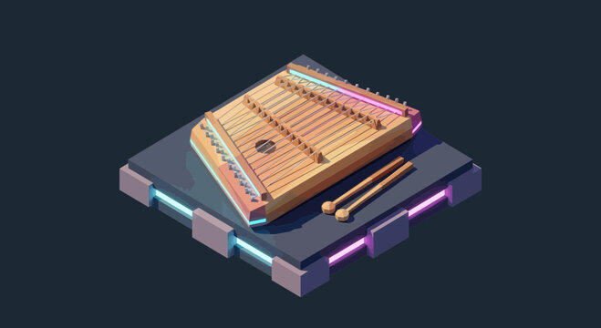 Dulcimer musical instrument isometric view with neon lights