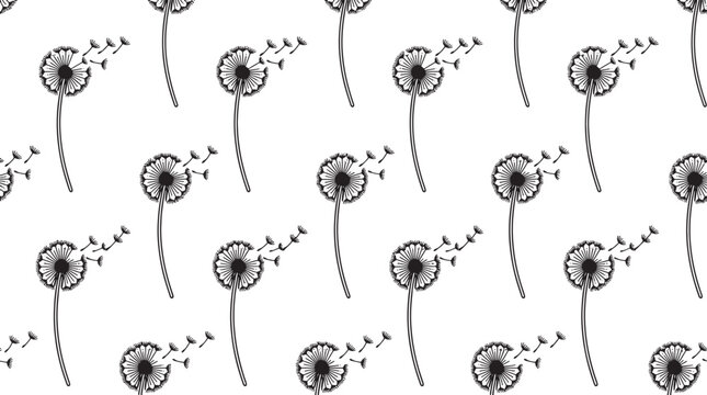 Black and white dandelion flower seed pattern illustration featuring blowing flying seeds vector background for botanical textile design