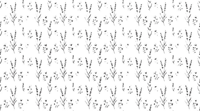 Black and white lavender flower seamless pattern hand drawn floral sketch background for textile design vector illustration