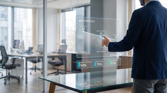 A professional businessman interacting with a futuristic holographic data interface inside a modern corporate office during the workday