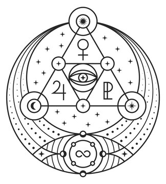 Mystic symbol. Ancient ritual sign with alchemy icons