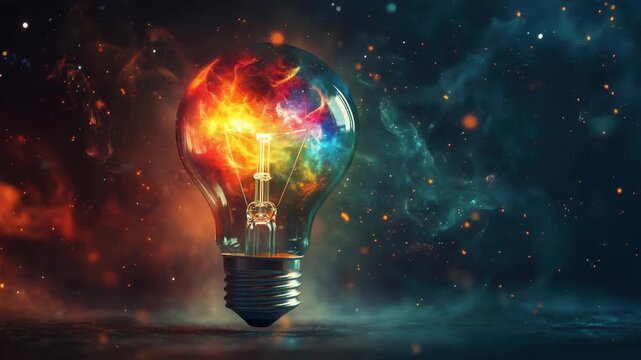 Light bulb containing glowing nebula clouds symbolizing innovation and creativity