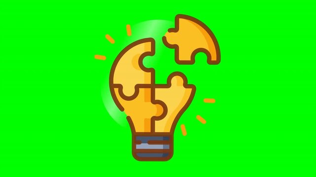 Solid unified interlocking puzzle bulb animation merging into a single coherent golden-amber aesthetic with mechanical socket lock, resonant power surge, and traveling specular sheen on green screen.