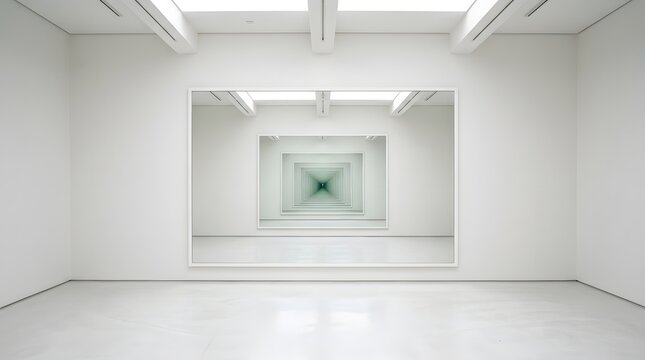 Infinite white room creates digital art illusion.