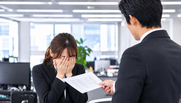 職場で上司から注意を受け顔を覆って泣く女性社員