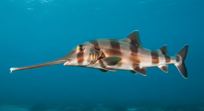 Striped Sawfish swimming in clear blue ocean water with dappled sunlight