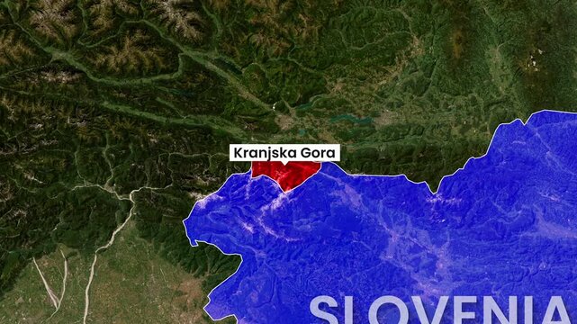 Animated map footage highlights Kranjska Gora within Slovenia borders motion