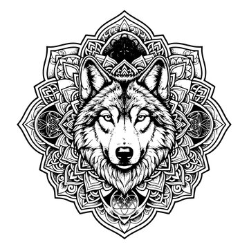 Wolf Head with Sacred Geometry Mandala and Dotwork Shading Vector Illustration | Spiritual Canine and Esoteric Art Graphic
