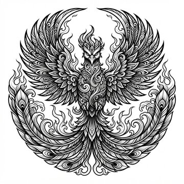 Circular Phoenix Bird Rising with Ornate Feathers and Flames Vector Illustration | Mythical Firebird and Rebirth Graphic