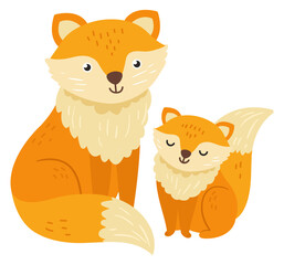 Fototapeta premium Baby fox with mom. Cute animal family characters