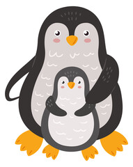 Fototapeta premium Cute penguin family care. Mom bird with baby