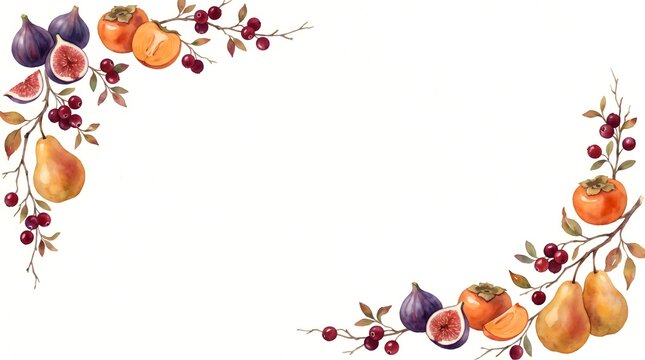 Watercolor botanical frame with figs pears and persimmons on white background