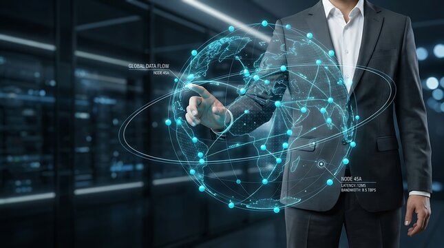 Business professional stands beside a glowing digital human face network concept