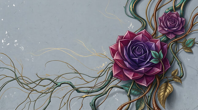 Stylized purple roses with metallic vines on a grey background